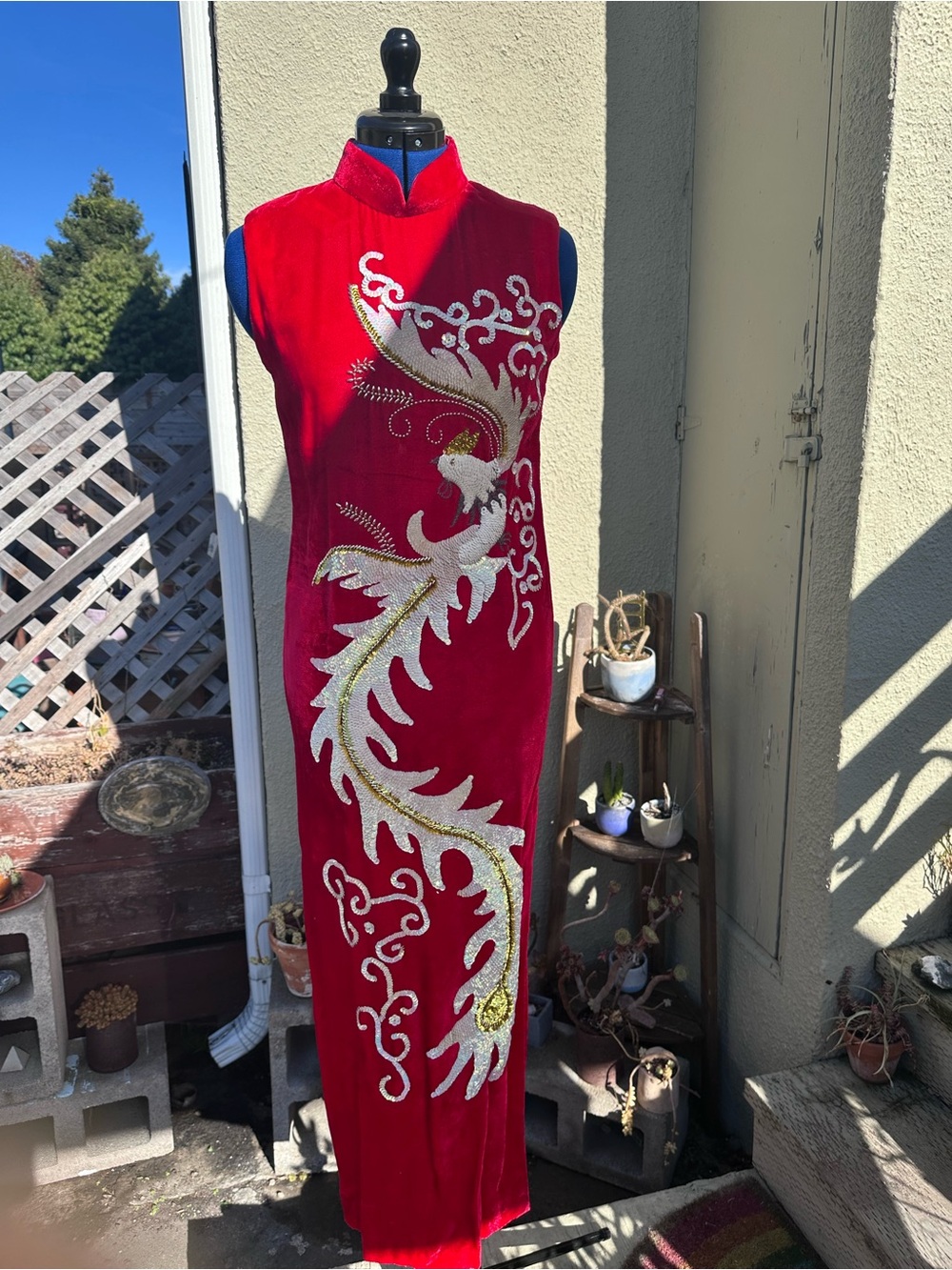 Vintage Red Maxi Cheongsam Dress with Gold & Silver Phoenix Bird Embroidery